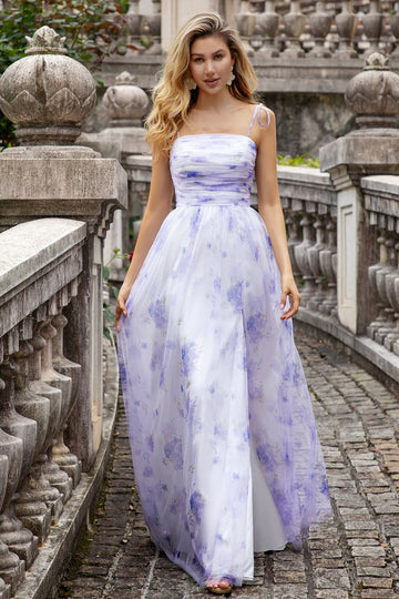 Lavendel Flower A Line Spaghetti stropper Long brudepike kjole med Slit
